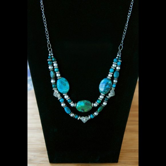 Hand Crafted Jewelry - NEW Handmade - Double Strand Turquoise and Silver Tone Metal Beads